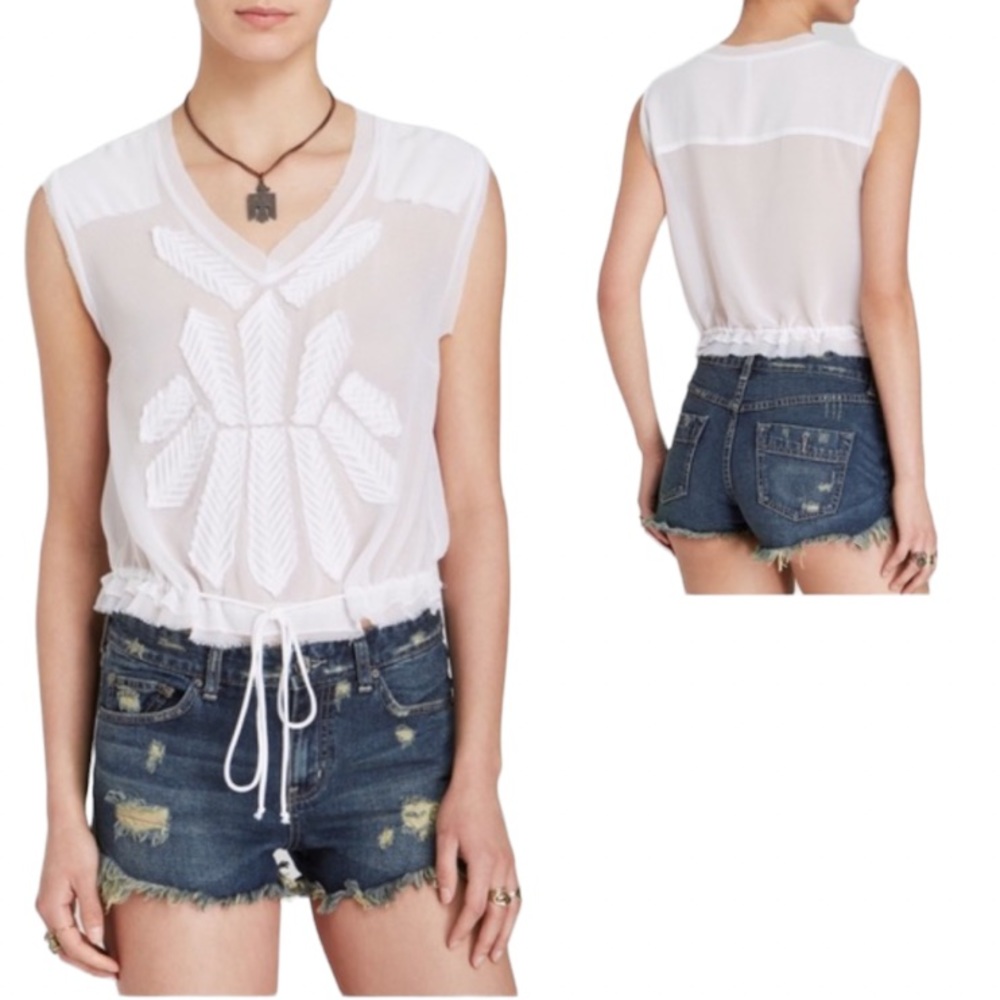 Free People Pennies Story Teller Tee Mixed-Lace Top - Picture 2 of 8